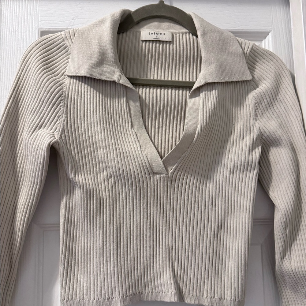 Babaton Beige V-Neck Ribbed Top